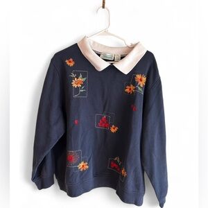 Vintage Extra Shenanigans Collared Sweatshirt with Embroidered Fruit and Flowers